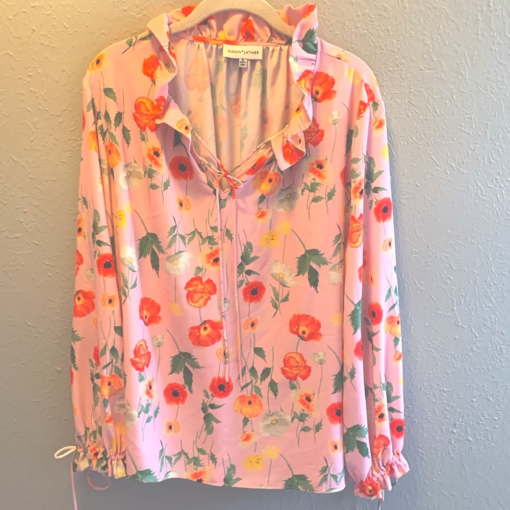 Gibson Latimer Pink Floral Ruffle-Tie Blouse